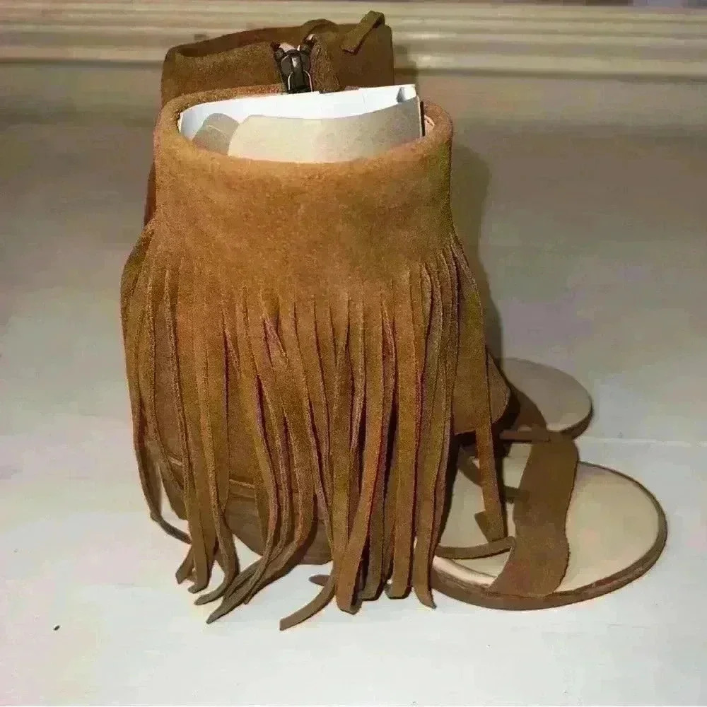 KOOLABURRA Piaz II Chestnut Suede Fringe Heel Sandals/Ankle Boot Zip Sz 6.5